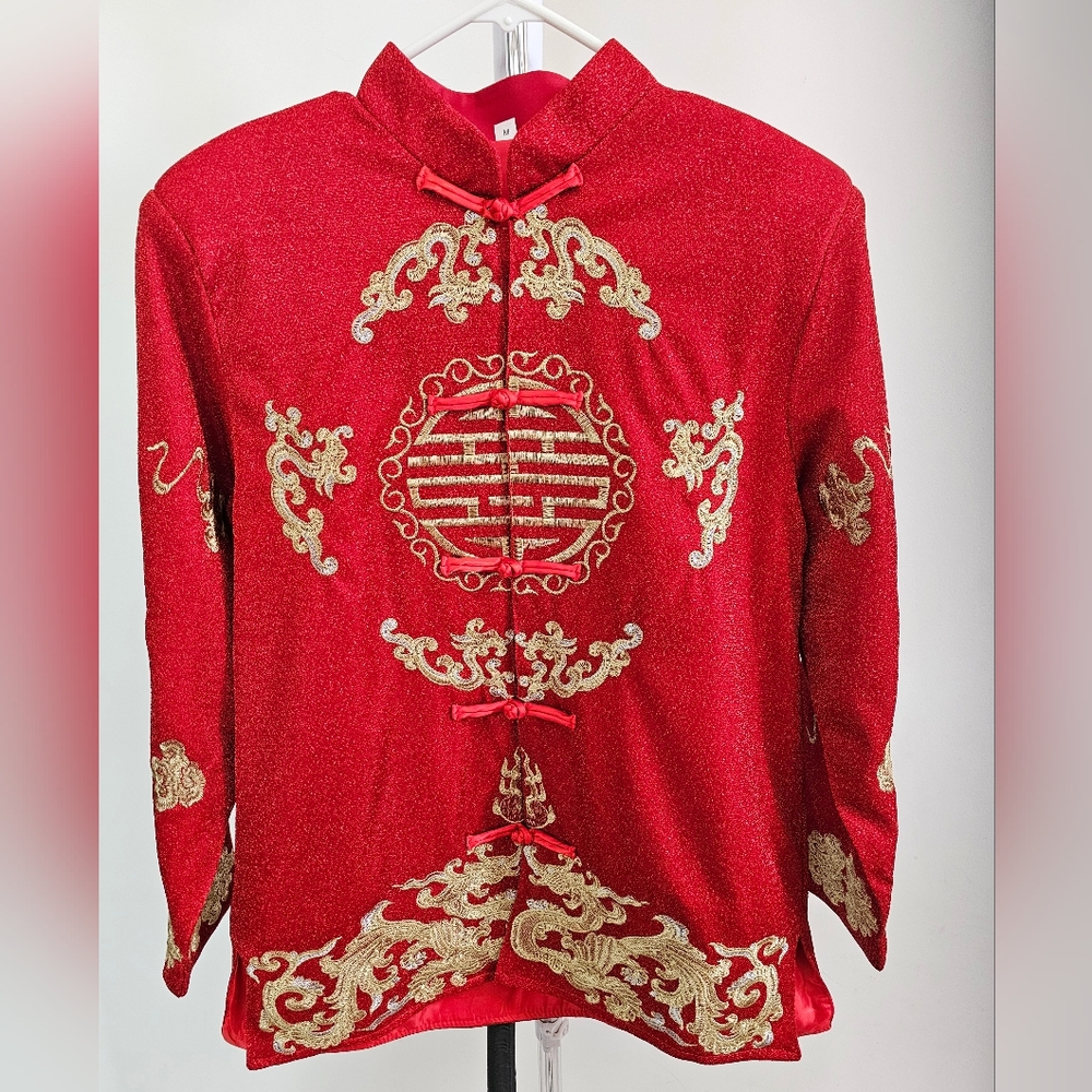 Men's Traditional Chinese Bridal Red Wedding Qipao Dress, 2 piece top amd skirt